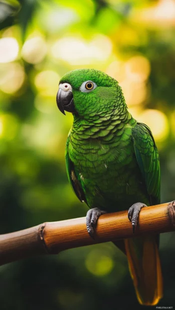 A calm green parrot resting on bamboo, framed by a blurred forest.