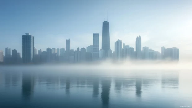 A calm river mirrors the city skyline at dawn, with soft colors and simplicity.