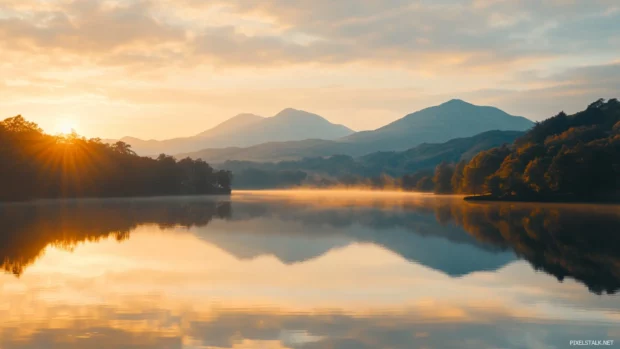 A calm river mirrors the golden peaks under a soft sunrise.