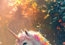 A calm unicorn sitting in a garden of candy colored blooms.