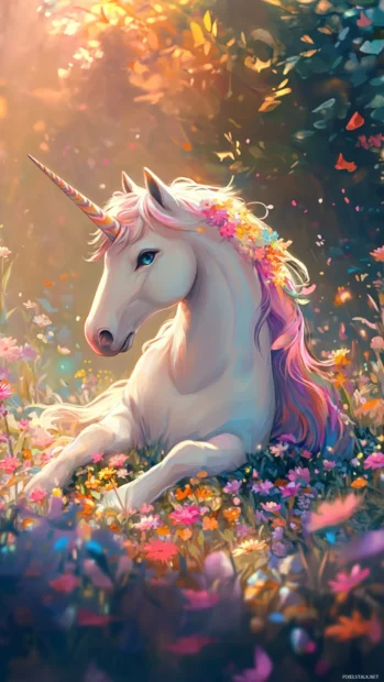 A calm unicorn sitting in a garden of candy colored blooms.