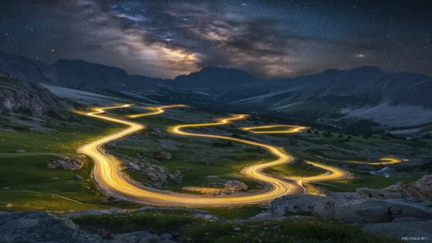 A captivating image of light trails left by speeding cars on a winding road, with the Milky Way stretching across the sky.