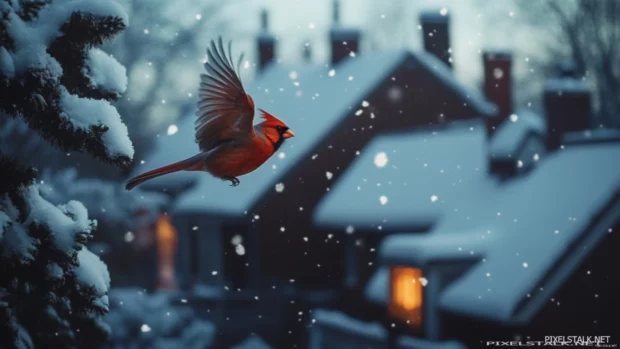 A cardinal caught in mid flight above snowy rooftops at dusk, great for a northern cardinal background.
