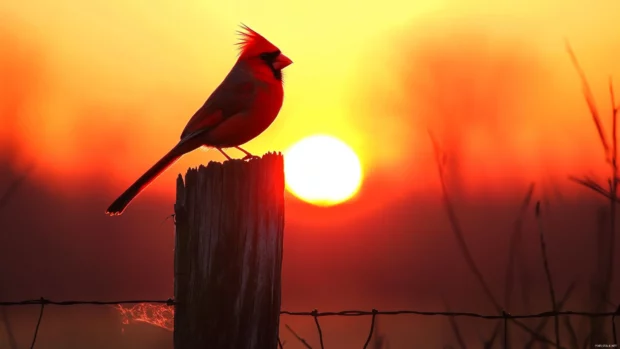 A cardinal silhouette atop a weathered fence post at sunrise.