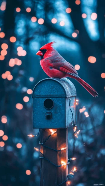 A cardinal sitting atop a mailbox surrounded by holiday lights, suitable for a cardinal bird lockscreen wallpaper.