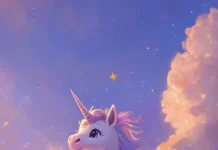 A cartoon Cute Unicorn riding a giant star through a lavender sky.