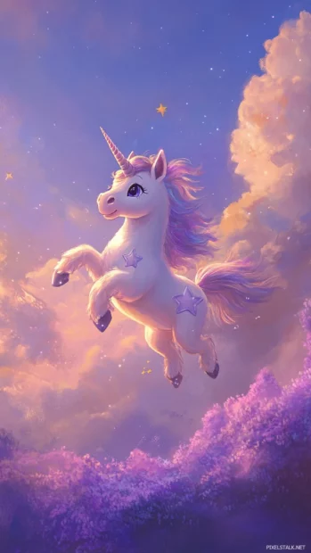 A cartoon Cute Unicorn riding a giant star through a lavender sky.