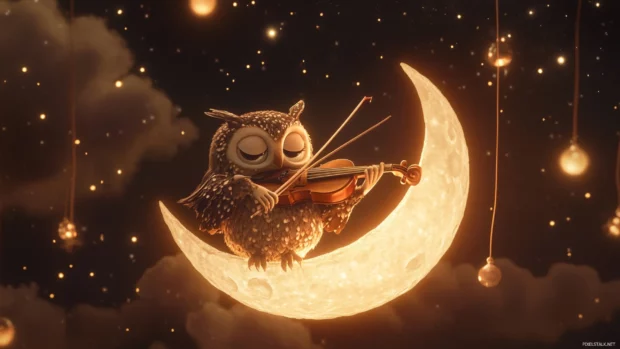 A cartoon owl playing a violin on a floating crescent moon.