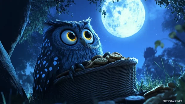 A cartoon owl sneaking cookies from a picnic basket under moonlight.