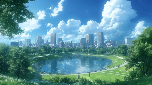 A cartoon style anime city with simple building outlines and a calm sky.