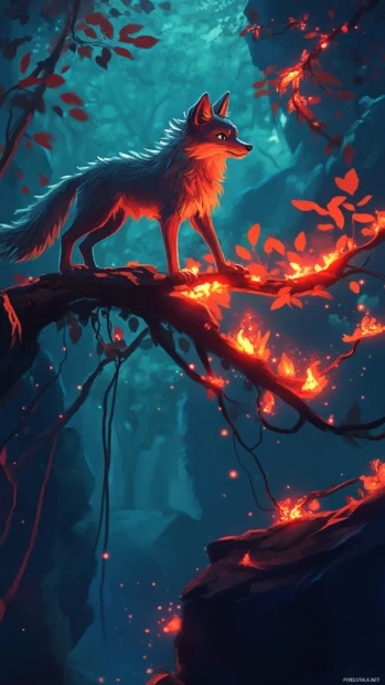 A cartoon style fire wolf climbing glowing branches of a fire tree.