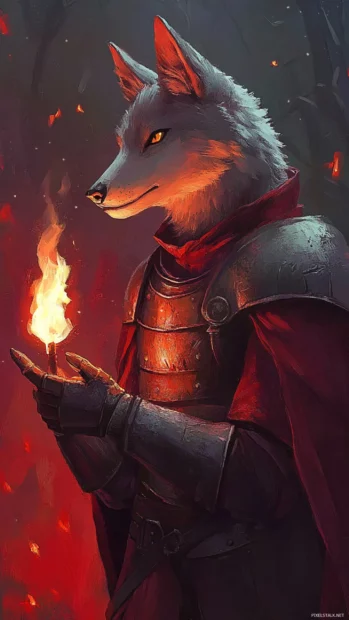 A cartoon style red wolf in armor holding a small flame in its paw.