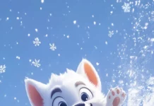 A cartoon style wolf happily bouncing through snowdrifts among snowflakes.
