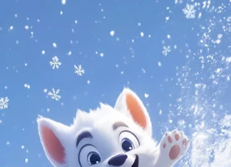 A cartoon style wolf happily bouncing through snowdrifts among snowflakes.
