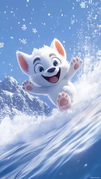 A cartoon style wolf happily bouncing through snowdrifts among snowflakes.