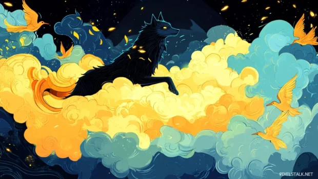 A cartoon style wolf surfing on clouds surrounded by glowing birds.