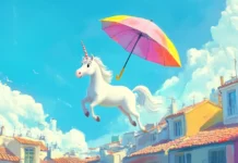 A cartoon unicorn floating with a giant umbrella over pastel rooftops.