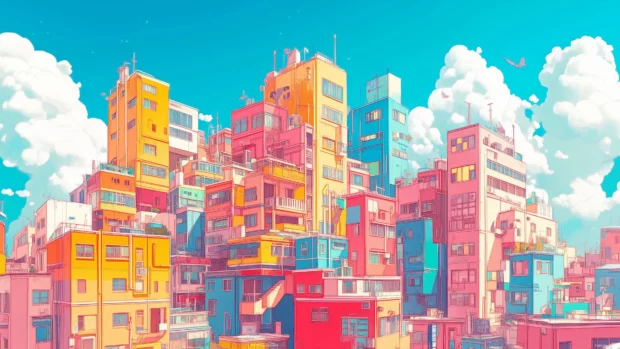A cartoonish anime city with oversized buildings and a whimsical, minimal background.