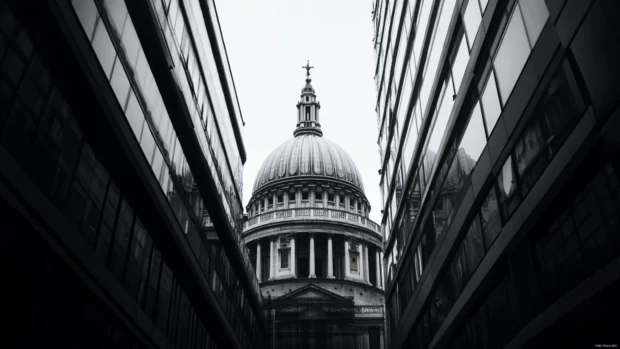 A cathedral dome contrasts with modern lines in city grayscale.
