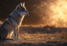 A celestial beam shines down on a lone wolf, as it stares into the cosmic horizon.
