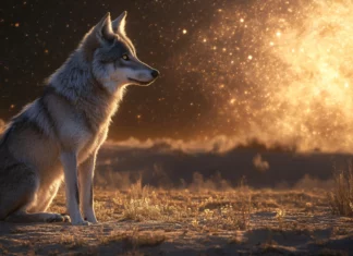A celestial beam shines down on a lone wolf, as it stares into the cosmic horizon.
