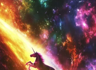 A celestial unicorn gliding through a cosmic rainbow in this Galaxy Unicorn wallpaper.