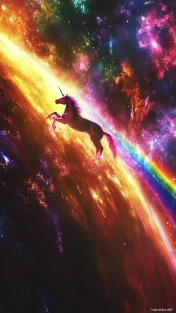 A celestial unicorn gliding through a cosmic rainbow in this Galaxy Unicorn wallpaper.