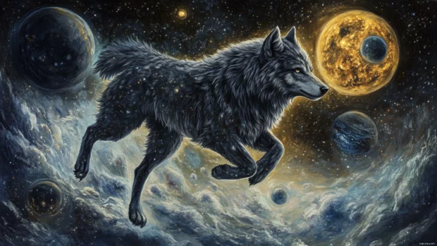 A celestial wolf with galaxy fur floats among planets and distant stars.