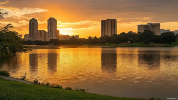 A charming city skyline with elegant design, calm water reflections, and a warm, golden sunset backdrop.