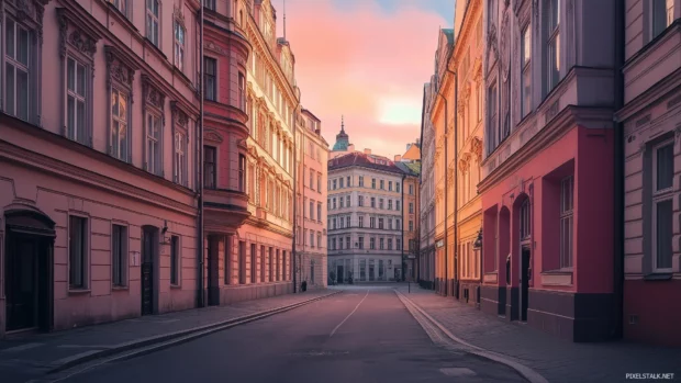 A charming cityscape at dawn with pastel colored buildings, soft morning light, and quiet streets.