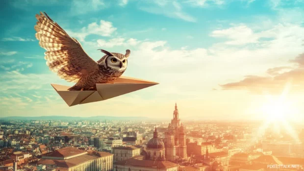 A cheerful owl riding a paper airplane above a stylized cityscape.