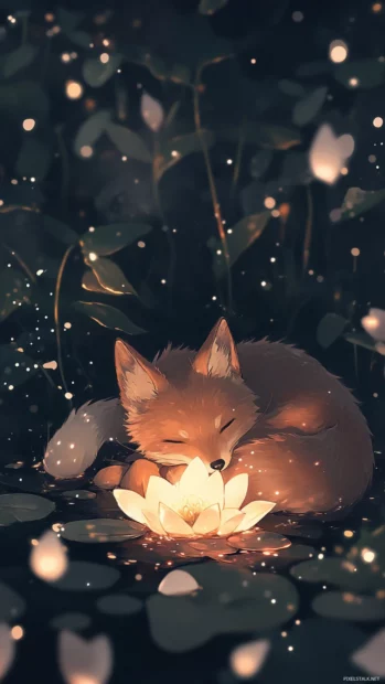A chibi red wolf curled up under a glowing flower in the night.