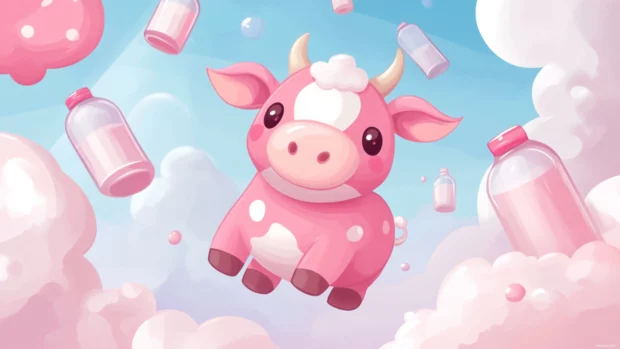 A chibi style Cartoon Pink Cow phone wallpaper with milk bottles and candy clouds.
