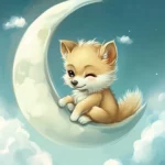 A chibi style cartoon wolf sitting on the moon, surrounded by soft clouds.