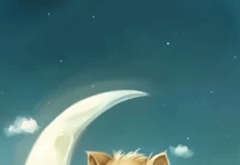 A chibi style cartoon wolf sitting on the moon, surrounded by soft clouds.