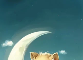 A chibi style cartoon wolf sitting on the moon, surrounded by soft clouds.