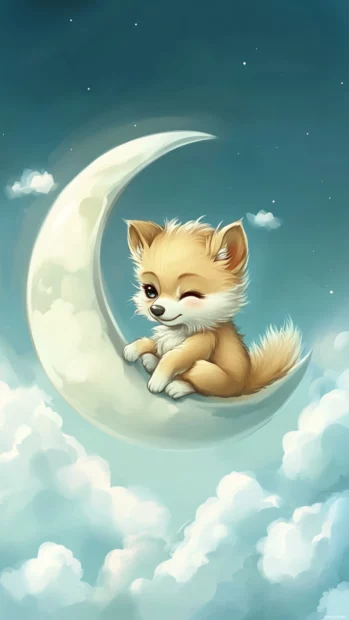 A chibi style cartoon wolf sitting on the moon, surrounded by soft clouds.