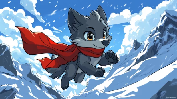 A chibi style wolf climbs snowy mountains with a scarf flapping behind in the wind.