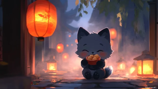 A chibi wolf eating dango by a lantern lit path with gentle glowing fog.