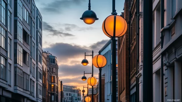 A chic cityscape featuring stylish, modern buildings with artistic street lights and a subtle, moody atmosphere.