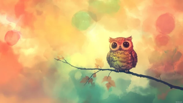 A chubby owl sitting on a branch, blinking slowly under a watercolor sky.