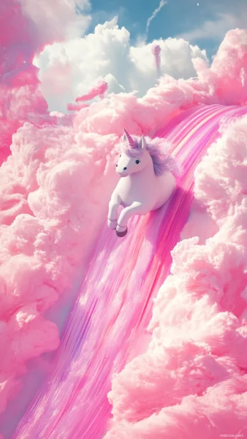 A chubby unicorn sliding down a pink rainbow arc.