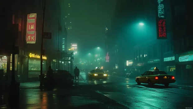 A cinematic angle of the Nighttime City under misty skies.