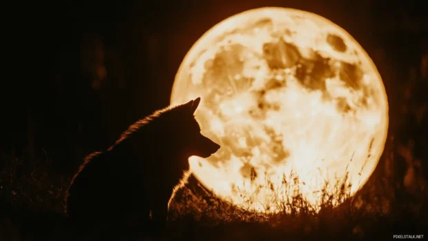A cinematic backlit shot of a wolf silhouetted by a massive golden moon.