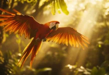A cinematic low angle view of a macaw flying through sunbeams cutting through the rainforest canopy.