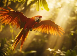 A cinematic low angle view of a macaw flying through sunbeams cutting through the rainforest canopy.
