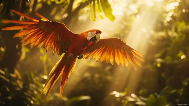 A cinematic low angle view of a macaw flying through sunbeams cutting through the rainforest canopy.