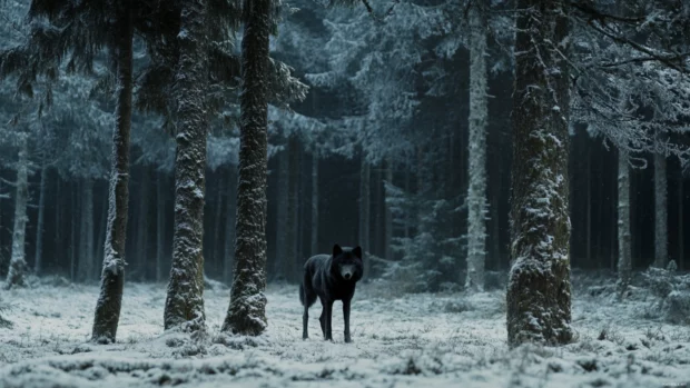 A cinematic shot of a black wolf in sharp contrast to a snow covered forest.