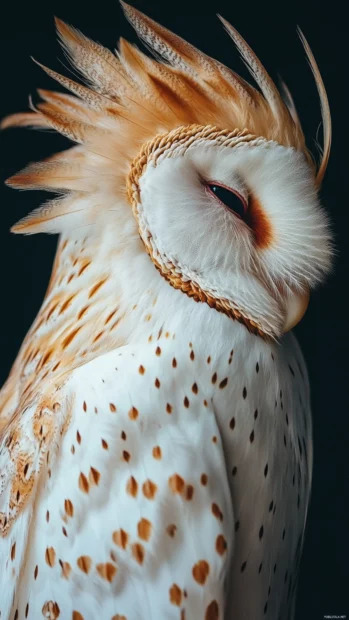A cinematic vertical view of a Barn Owl with feathers flowing in winter breeze.