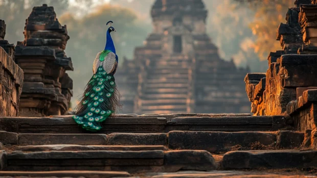 A cinematic view of a peacock walking across stone steps of an ancient palace.